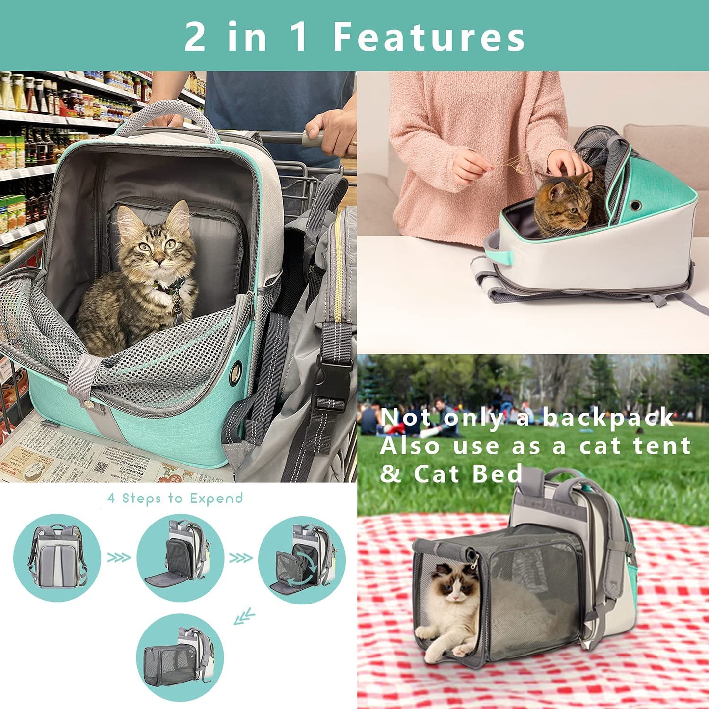 Cat Backpack Expandable - Pet Carrier Backpack - Cat Carrier Backpack Expandable Durable Breathable Mesh, Pet Backpack Carrier for Small Dogs, Escape Proof Leash, up to 16Lbs, Mint