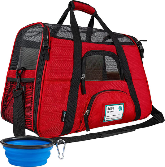 Premium Airline Approved Soft-Sided Pet Travel Carrier | Ideal for Small - Medium Sized Cats, Dogs, and Pets | Ventilated, Comfortable Design with Safety Features (Small, Red)